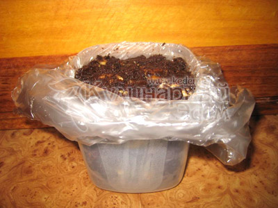 Торт «Сказочный домик» - В контейнер (форму) поместить целлофановый пакет либо пищевую пленку и заполнить его шоколадно-песочной массой.