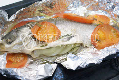 Завернуть и поставить в духовку на 30 минут при 200 градусах С. - Толстолобик с томатами. Фото рецепт приготовление толстолобика с овощами запеченного в фольге.