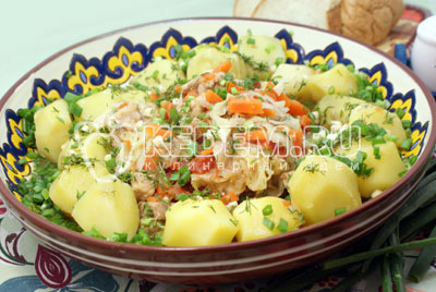 Мясо тушеное с овощами и зеленью