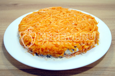 Выложить слой тертой моркови. Хорошо смазать майонезом. Посолить по вкусу.