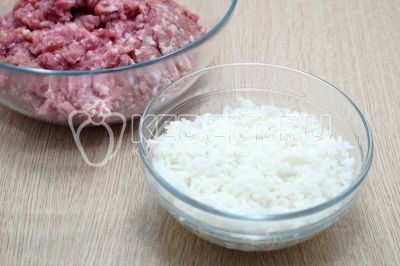 Смешать 500 грамм мясного фарша с отварным рисом.