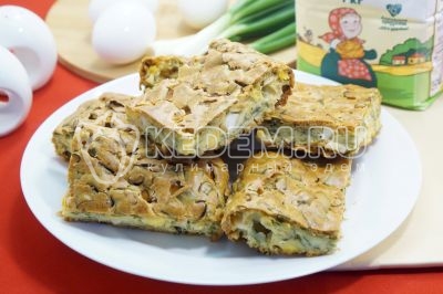 Весенний наливной пирог с зеленым луком и яйцами готов