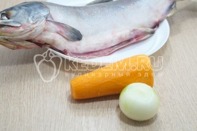 Тушку горбуши выпотрошить и очистить, удалить жабры. Луковицу и морковь очистить.