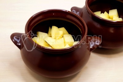 В горшочки выложить слой картофеля.