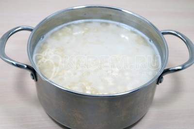 Выложить хлопья в кастрюлю и залить 2,5 литра воды. Оставить на ночь, накрыв полотенцем.