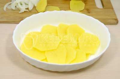 Выложить в форму для запекания слой картофеля.