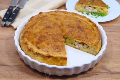Пирог с курицей и картошкой в духовке на бездрожжевом тесте готов. Можно подавать к столу.