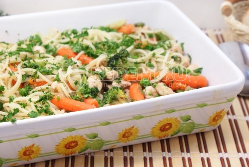Спагетти с курицей и овощами тушеные на сковороде